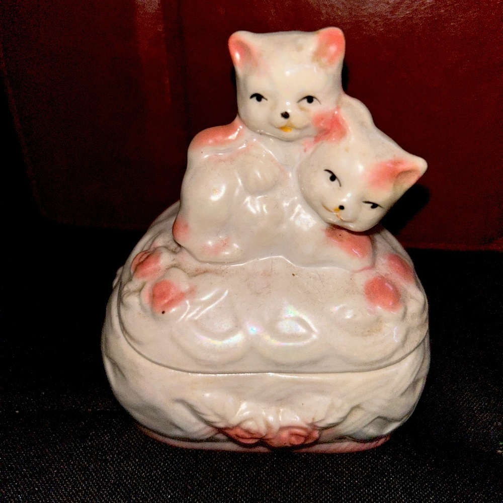 Vintage Lusterware Pink White Two Cat Kitten Heart Shaped Trinket Vanity Box